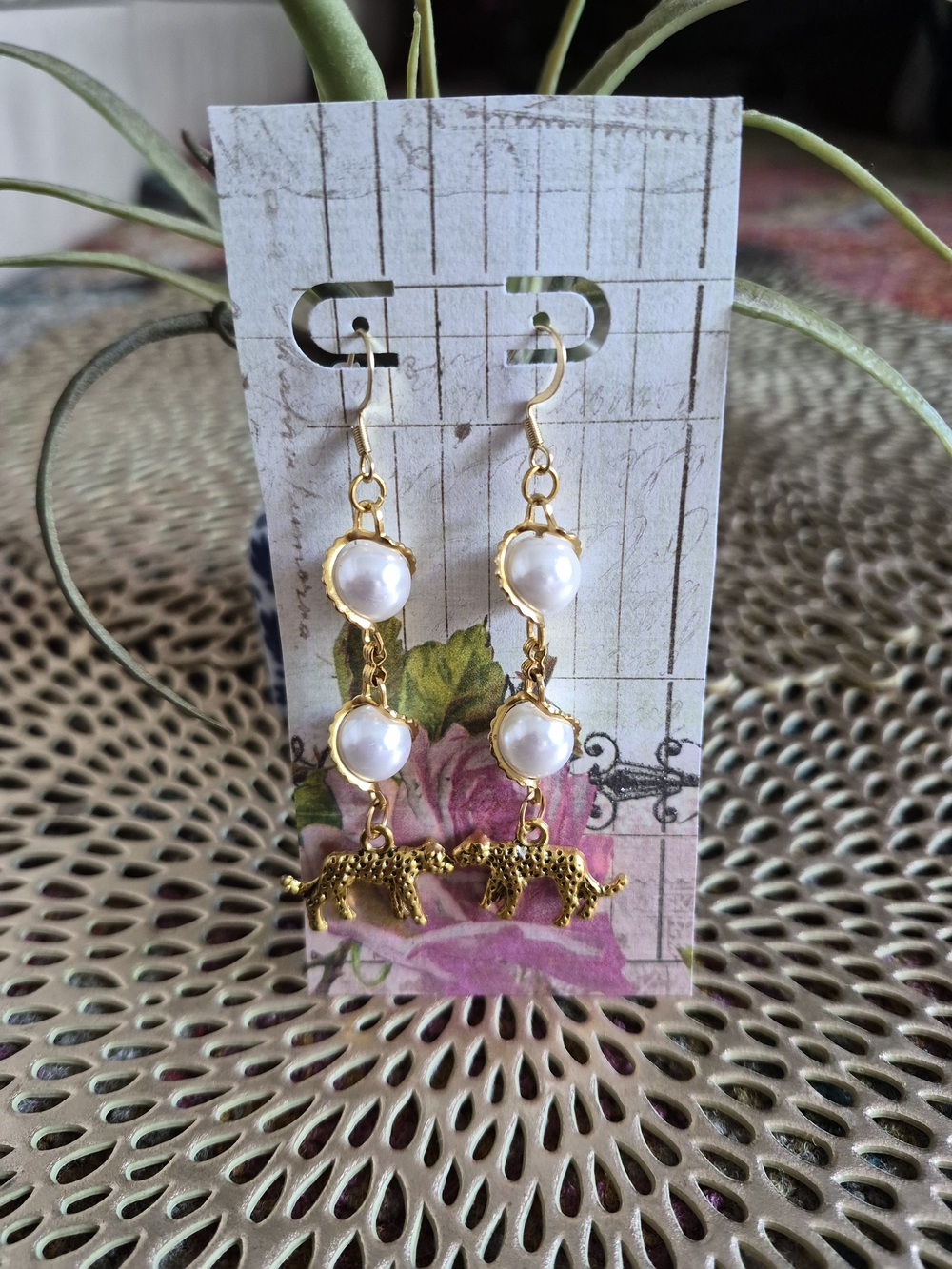 Gold Pearl Drop Earrings with Leopard Charm - Women Jewelry